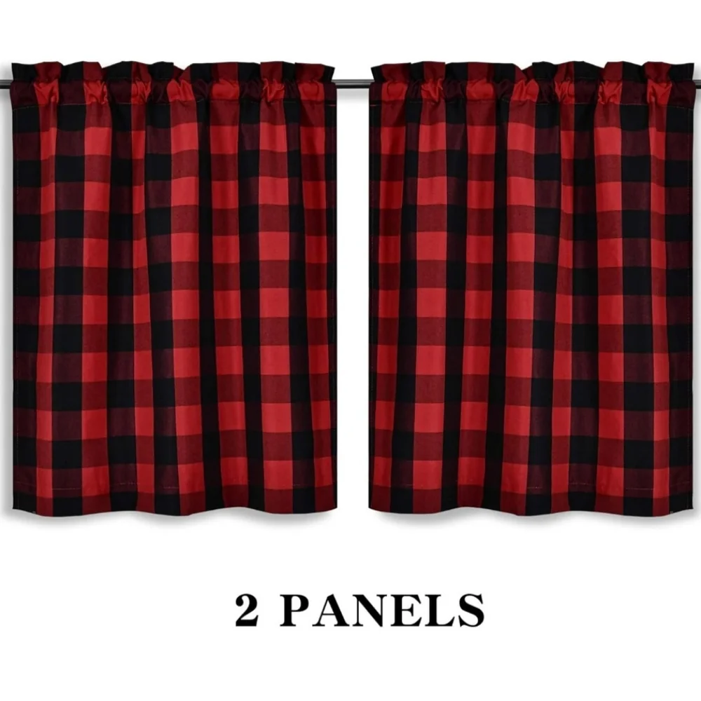 Red and Black Plaid Kitchen Curtains for Cabin or Lodge 29